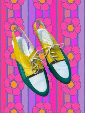 Vintage Yellow, Green & White Lace-Up Slingback Flats